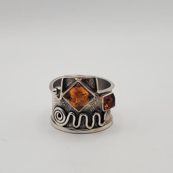 Artisan Boho Sterling Silver 925 Baltic Amber Wide Band Ring Size 6 - Picture 4 of 14